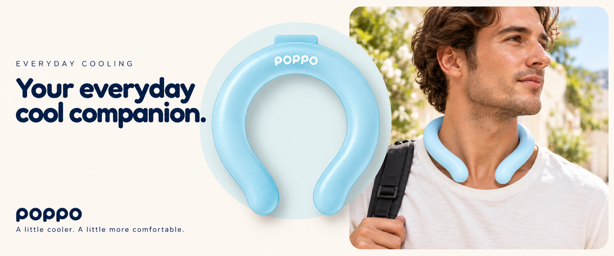Everyday Cooling Neck Ring — Your everyday cool companion. Ice Blue product detail and outdoor wearing scene.