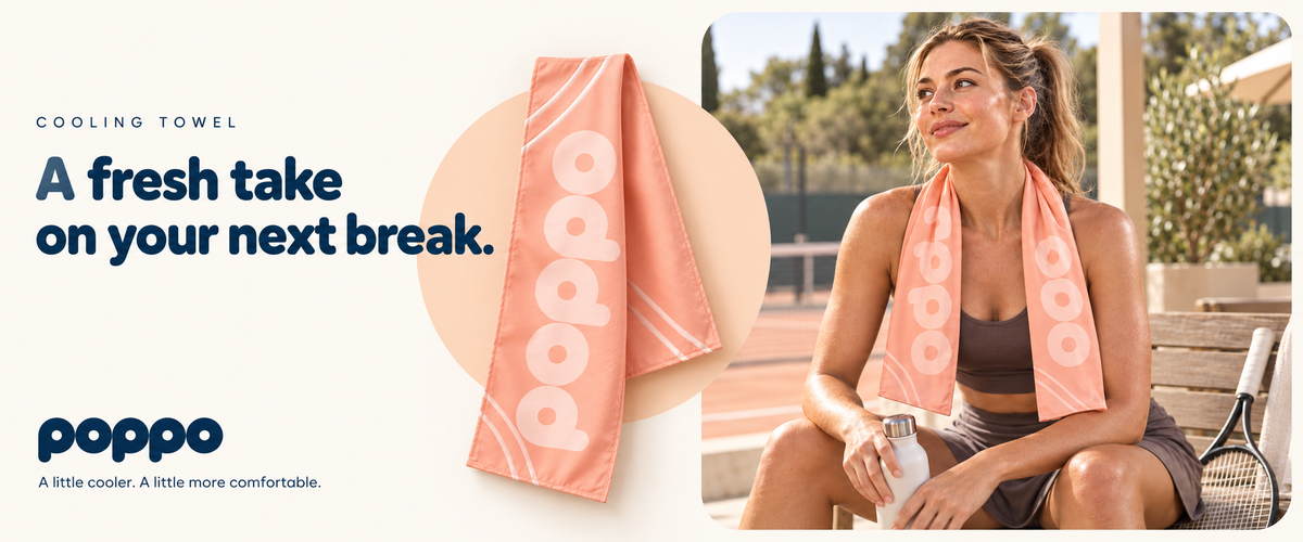Cooling Towel — A fresh take on your next break. Peach product detail and tennis lifestyle scene.